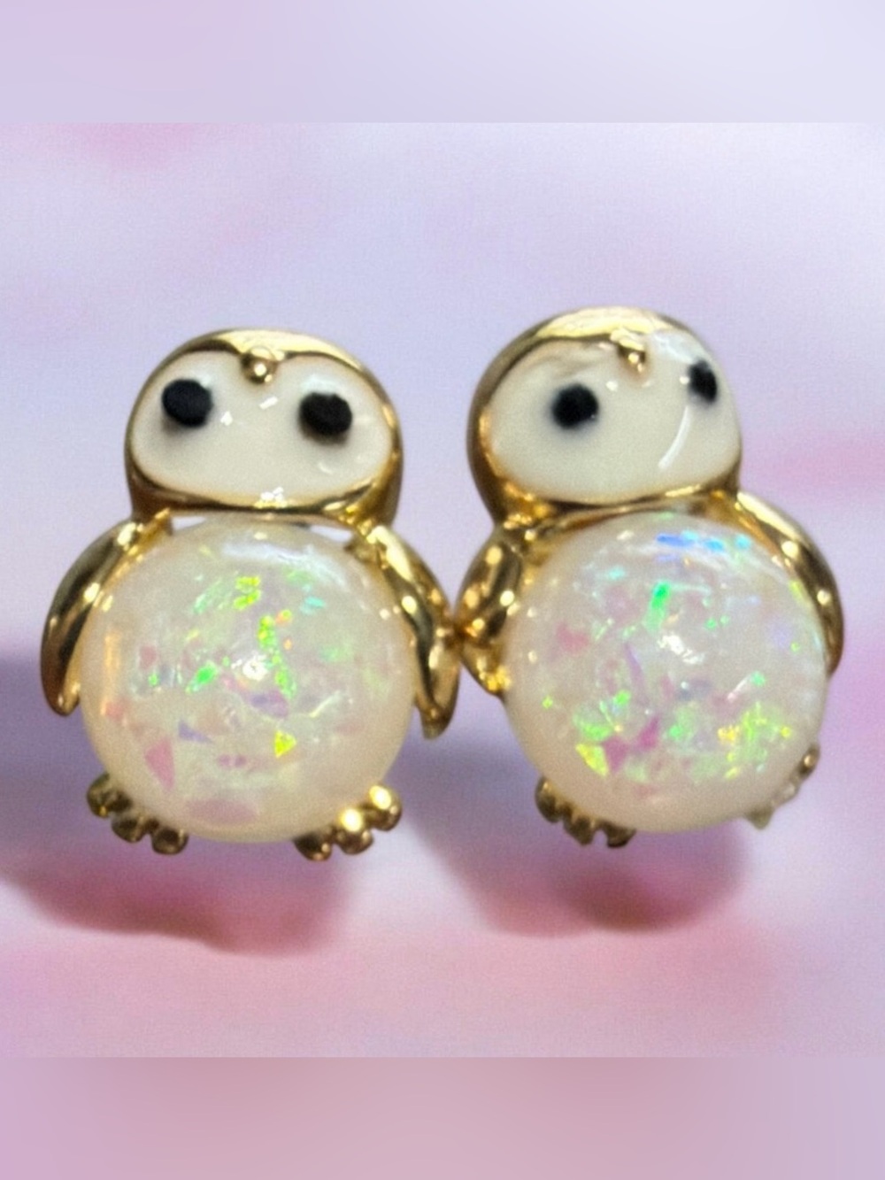 Penguin Stud Earrings Cute White Fire Opal Gold Tone Posts NEW
